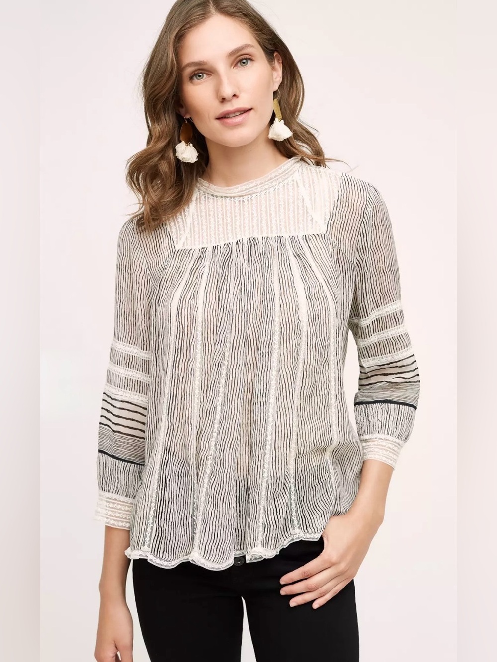 Anthropologie Floreat Reina Pleated Lace Striped Blouse Boho Top Size M